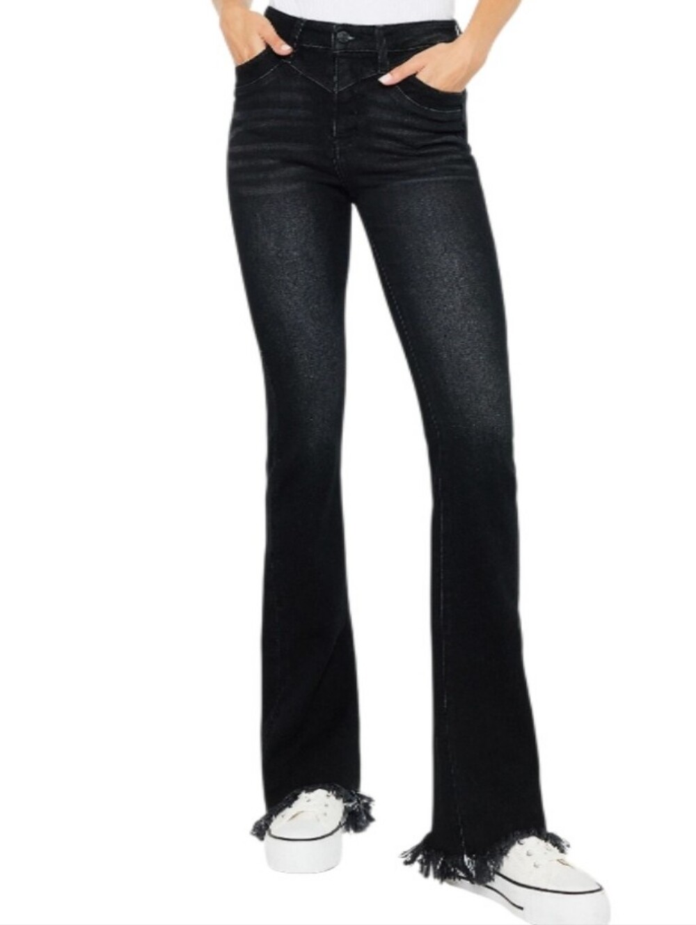 Kancan High-Rise Black Wash Black Frayed Hem Bootcut Denim Jeans-NWOT